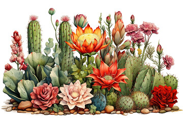 Obraz premium Set of cactus plants, succulents, 3D rendering. For digital composition, transparent PNG background. Generative Ai. 