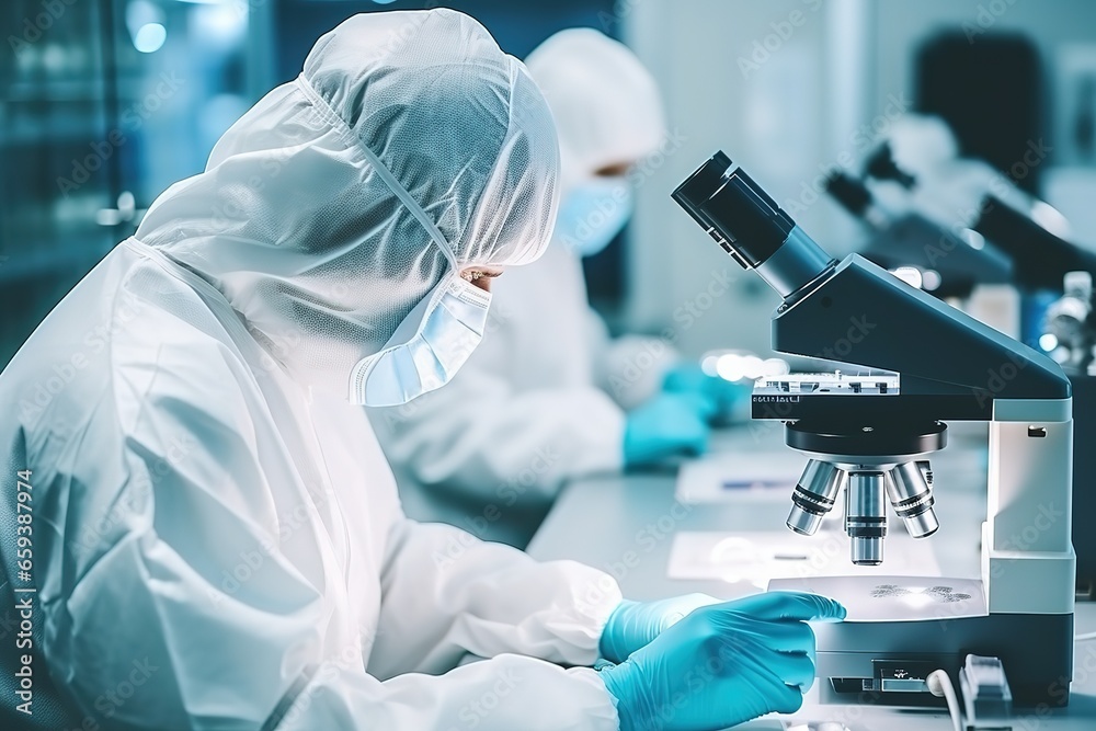 Poster a team of biochemists working with a microscope