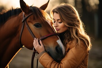 Vet kissing a horse outdoors at ranch. - obrazy, fototapety, plakaty