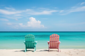 Two beach chairs on tropical vacation at sea - obrazy, fototapety, plakaty