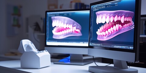 3D scanner and PC in the process of creating dentures - obrazy, fototapety, plakaty