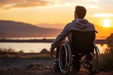 A man in a wheelchair at sunset - obrazy, fototapety, plakaty