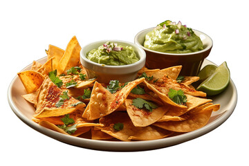 Plate with tasty nachos and sauces on transparent PNG background, Generative Ai.