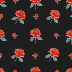 Red roses pattern handdrawn illustration. Seamless pattern of red roses on a black background