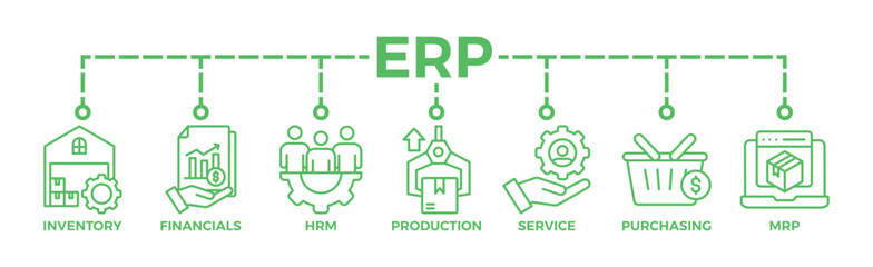 ERP banner web icon vector illustration concept for enterprise resource planning with icon of inventory, financials, hrm, production, service, purchasing, and mrp