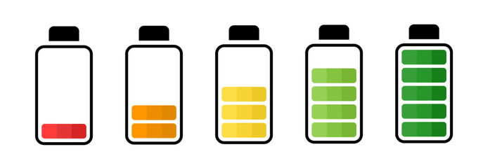 Colorful battery charge level from low to full flat illustration design