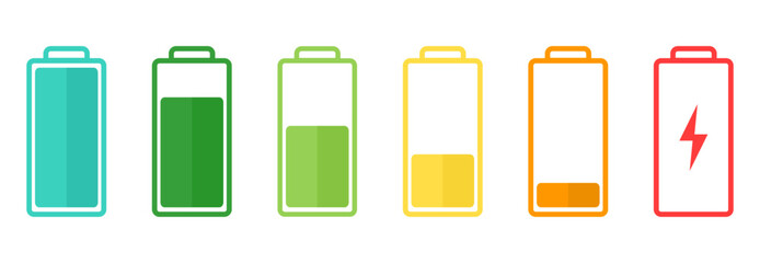Set of colorful battery level form full to low flat illustration - obrazy, fototapety, plakaty