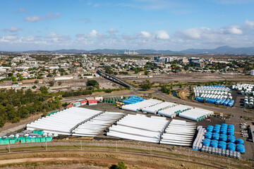 Aerial views of wind turbine blades and parts stored at Gladstone Port, Queensland, Australia.