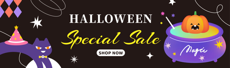Halloween illustration of sale poster banner template. pumpkin cat circus cute party style