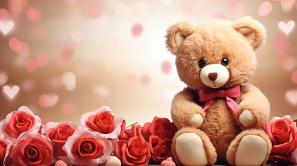 teddy bear with flowers - obrazy, fototapety, plakaty