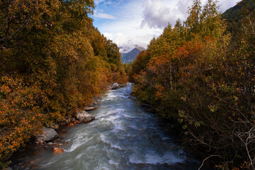 Baksan River in gorge. Elbrus Nature Park in Kabardino-Balkaria, Russia.