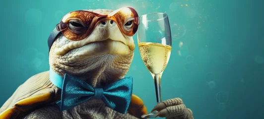 Fotobehang New Year's Eve, Sylvester, New Year or birthday party celebration greeting card - A funny turtle with champagne glass, champagne cheers during a celebration, isolated on blue background © Corri Seizinger