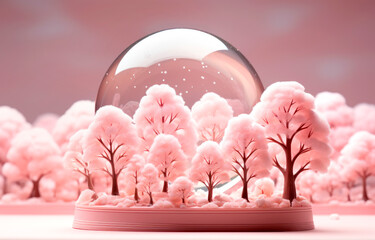 Christmas and New Year greeting card with snow globe on pink background,
