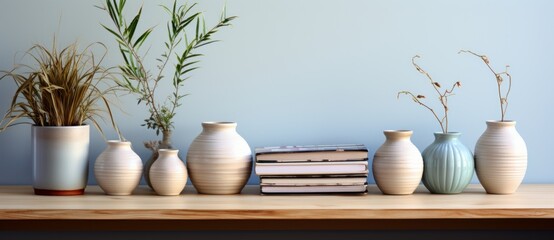 stylish minimalistic interior, table with clay vase with flowers, stack of book, copy space,