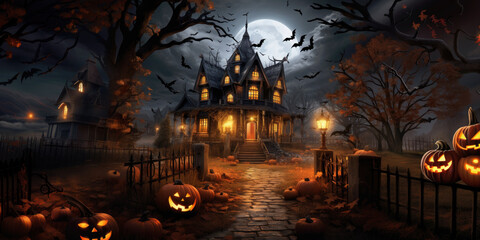Fototapeta na wymiar Halloween. Illustration of horror house in the woods. Moon, bats and curved pumpkins. Ai generated image 
