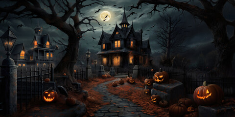 Fototapeta na wymiar Halloween. Illustration of horror house in the woods. Moon, bats and curved pumpkins. Ai generated image 