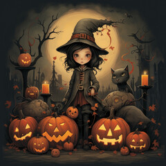 Halloween. Little girl with candies and pumpkins. Ai generated image 