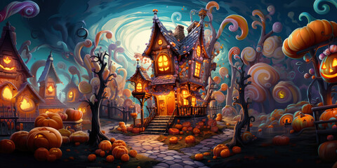 Halloween. Illustration of horror house in the woods. Moon, bats and curved pumpkins. Ai generated image   