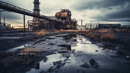 An old, abandoned and derelict factory or  industrial complex - obrazy, fototapety, plakaty