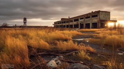 An old, abandoned and derelict factory or industrial complex