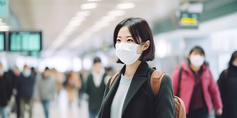 Fototapeta na wymiar Asian woman with coronavirus walking with a surgical mask for protection