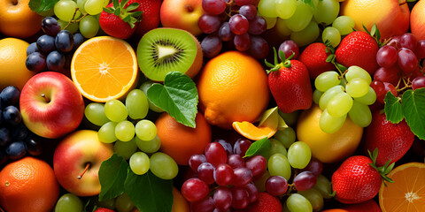 Naklejka na ściany i meble Natural fruit wallpaper background with fresh different fruits 