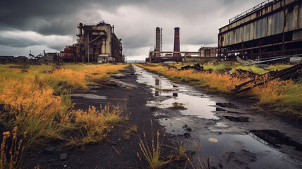 An abandoned and derelict factory or  industrial complex - obrazy, fototapety, plakaty