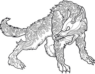 Fenrir wolf in full growth mono width lines tattoo logo - obrazy, fototapety, plakaty