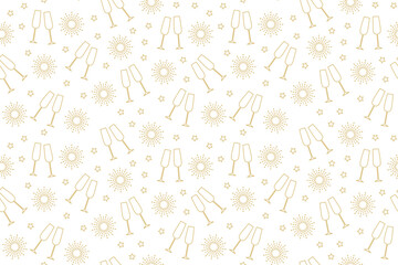 seamless New Year Eve golden pattern with champagne glasses, fireworks and stars- vector illustration - 659390109