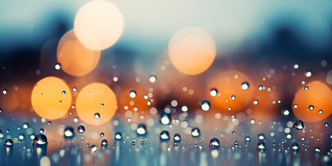 Fototapeta na wymiar Close up of water rain drops on window, blurred lights background