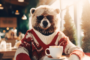Close up portrait of a bear wearing a stylish Christmas red sweater and drinking coffee. A creative fun scene with an animal as a human. Sun rays in the background, winter weather.