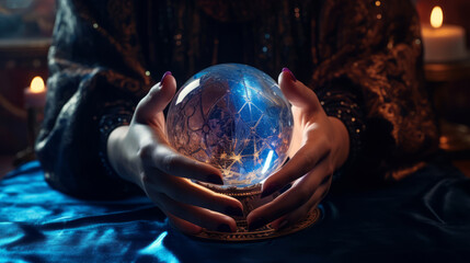 close-up of fortune tellers hands on crystal ball