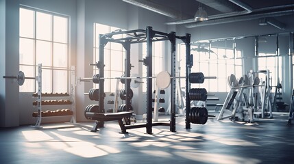 Modern light gym. Sports equipment in gym. Barbells of different weight on rack
