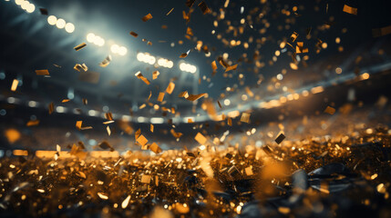 Gold confetti on a soccer stadium. 3d rendering toned image. - obrazy, fototapety, plakaty