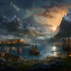 Sunset on the mountains, lake in the valley, boats and small village