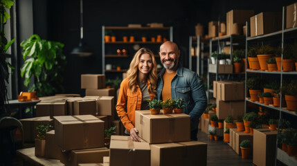 Smiling bald man and woman holding boxes and looking at camera in warehouse. Small business concept.