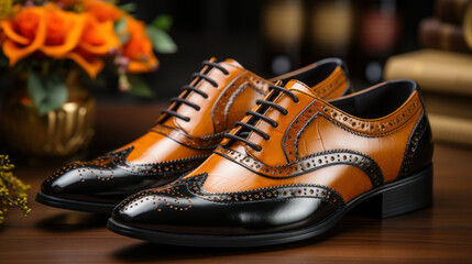 Men's luxury leather shoes on a wooden table. Selective focus.