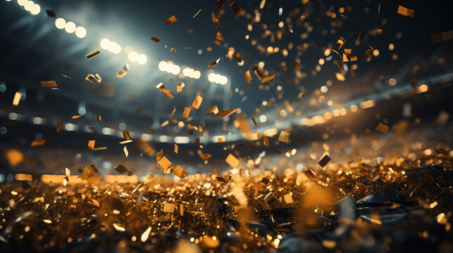 Fototapeta Gold confetti on a soccer stadium. 3d rendering toned image.