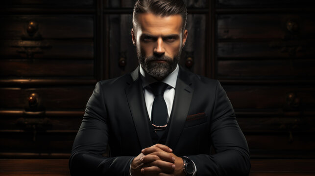 Portrait of a handsome bearded man in a suit. Men's beauty, fashion.