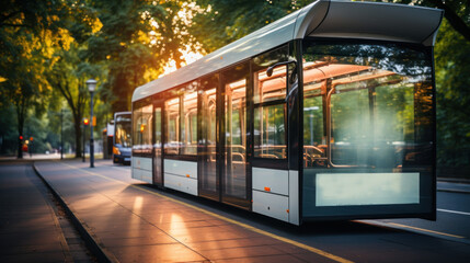 Futuristic public transport bus in the city at sunset concept. - Powered by Adobe