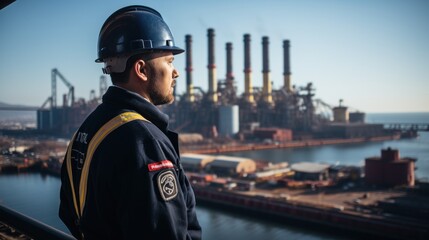 Obraz premium Portrait of a male security guard on the background of oil refinery.