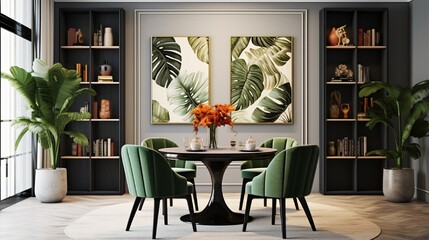 Stylish dining room interior design with design table, modern chairs, decoration, tropical leaf in vase, fruits, bookcase, abstract mock up paintings, and beautiful home decor accessories.