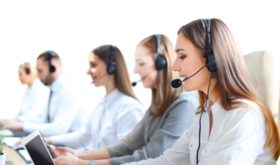 Portrait of call center worker accompanied by his team. Smiling customer support operator at work on a transparent background