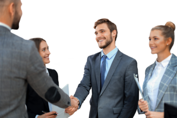 Business partners handshaking over business objects on workplace on a transparent background