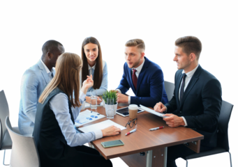 Young handsome man gesturing and discussing something while his coworkers listening to him sitting at the office table on a transparent background