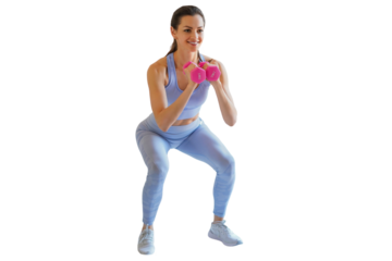 Fit and muscular woman exercising with dumbbells on a transparent background