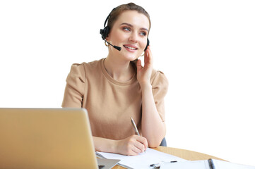 Freelance operator talking with headsets and consulting clients from home office on a transparent...