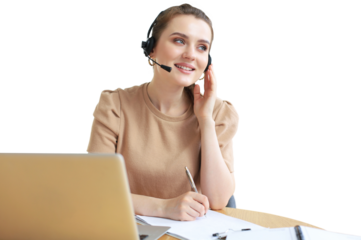 Freelance operator talking with headsets and consulting clients from home office on a transparent background