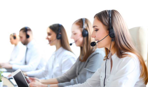 Portrait of call center worker accompanied by his team. Smiling customer support operator at work on a transparent background - Powered by Adobe