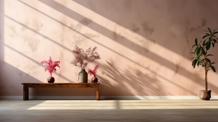 Contemporary Room with Shadow Art and Decor.
Contemporary interior with artistic shadows cast on the wall, accompanied by vases and a plant.